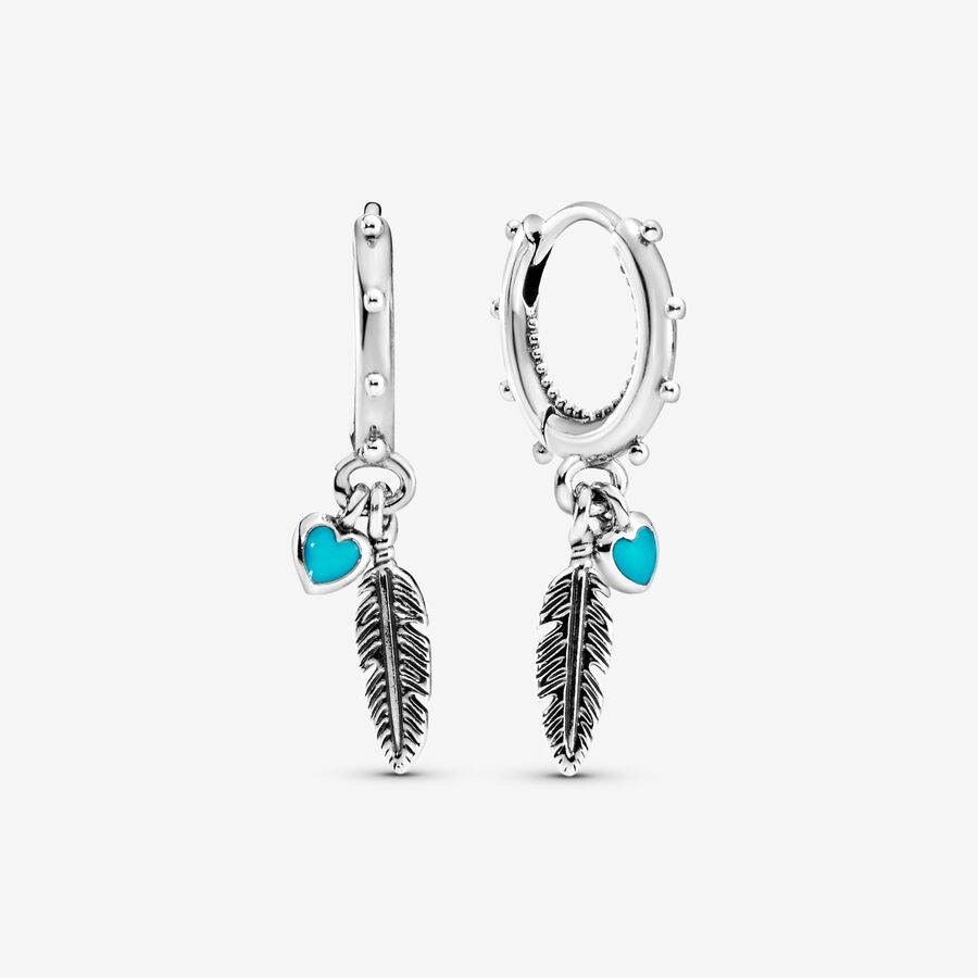 Goutte Pandora Turquoise Hearts Feather Argent | 2804-ECGSW