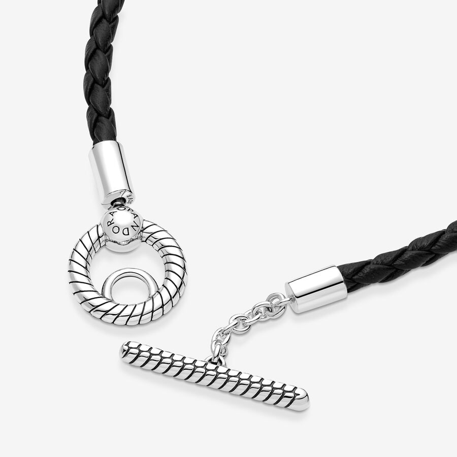 Leather Pandora Moments Braided T-bar Argent | 6857-ERNBD