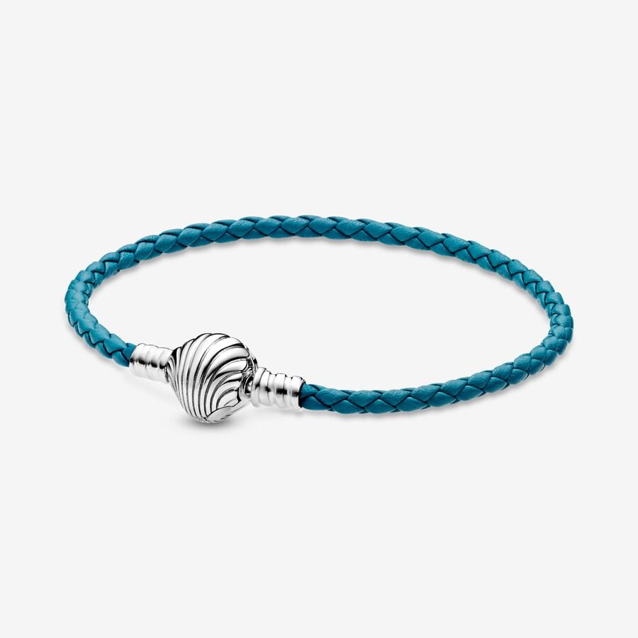 Leather Pandora Moments Seashell Clasp Turquoise Braided Argent | 1628-GNXKZ