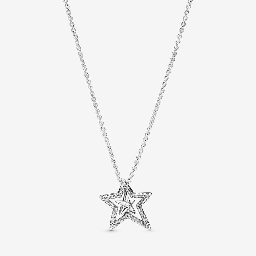 Pendentifs Pandora Pave Asymmetric Star Collier Argent | 3459-HFPAS