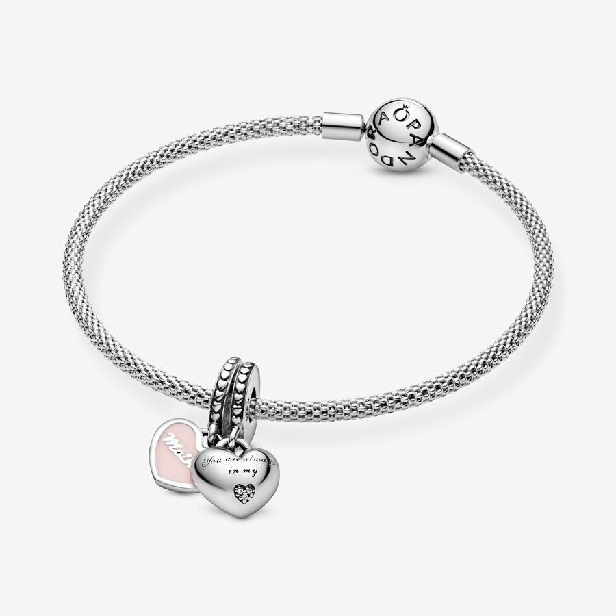 Pendre Pandora Mother & Daughter Hearts with Clear CZ Argent | 1306-IYXMD