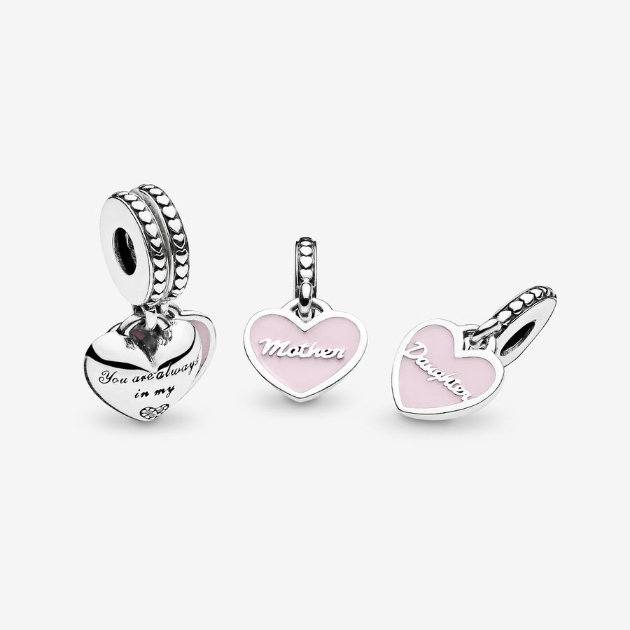 Pendre Pandora Mother & Daughter Hearts with Clear CZ Argent | 1306-IYXMD