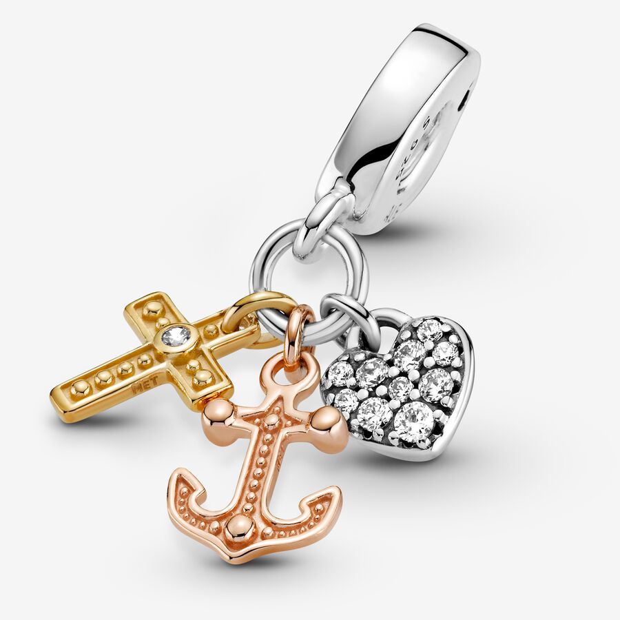 Pendre Pandora Triple-tone Cross Heart & Anchor Tri-tone | 8502-AFPRV