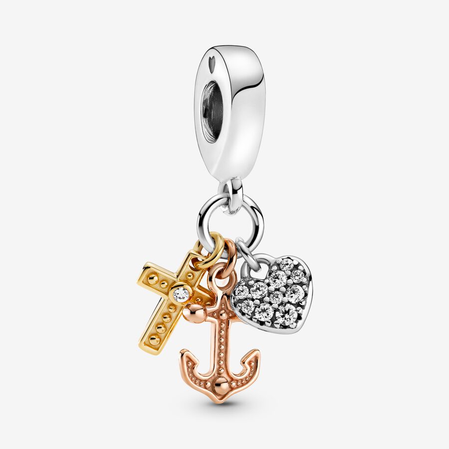 Pendre Pandora Triple-tone Cross Heart & Anchor Tri-tone | 8502-AFPRV